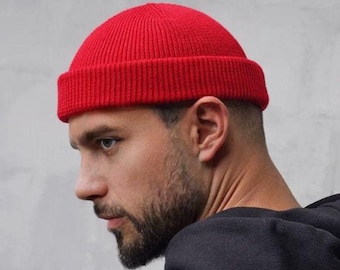Handmade Wool Blend Fisherman Beanie - Red Docker Cap
