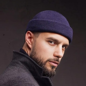 Handmade Wool Blend Fisherman Beanie - Dark Blue Knit Docker Cap