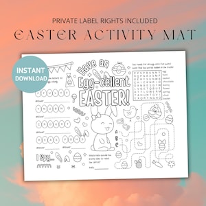 May include: A black and white printable Easter activity mat featuring a bunny rabbit, eggs, and a word search. The title of the mat is "Have an Egg-cellent Easter!" and includes the words "Instant Download".