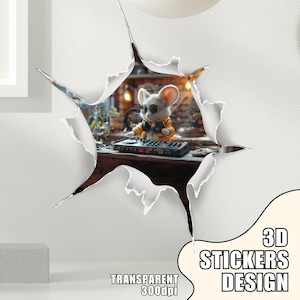 May include: A 3D sticker design featuring a cartoon mouse wearing sunglasses and headphones, playing a DJ mixer. The sticker is designed to look like it is peeking through a torn piece of paper.