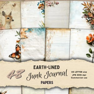 Junk Journal Lined Papers Vertical Vintage Neutral Pages Nature Printable Papers - Digital Download - Junk Journal Pages for Crafting