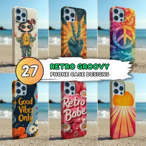 Puede incluir: Una colección de fundas para teléfonos con diseños retro groovy. Las fundas presentan varios gráficos coloridos, incluyendo un símbolo de la paz, una mano haciendo el signo de la paz, una chica con gafas de sol y las frases "Good Vibes Only" y "Retro Babe".