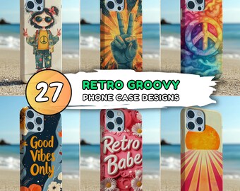 May include: A collection of phone cases with retro groovy designs. The cases feature various colorful graphics, including a peace sign, a hand making the peace sign, a girl with sunglasses, and the phrases "Good Vibes Only" and "Retro Babe". The cases are displayed on a beach.