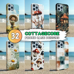 Op de afbeelding: Een set van 32 telefoonhoesontwerpen met cottagecore-thema's. De ontwerpen omvatten paddenstoelen, bloemen, een huisje en een meisje met een mand. De ontwerpen zijn allemaal in aquarelstijl.
