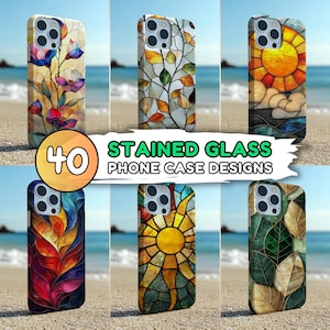Op de afbeelding: 40 telefoonhoes-ontwerpen van gekleurd glas met verschillende patronen, waaronder bloemen, bladeren en een zon. De ontwerpen zijn kleurrijk en ingewikkeld.
