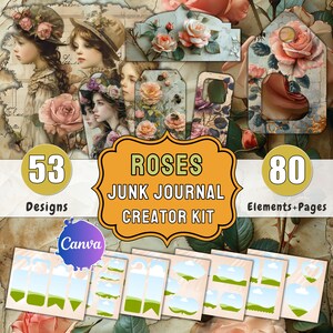 Junk Journal Vintage Shabby Chic Pink Roses Journal Pages & Ephemera Labels Flowers Printable Digital Download Scrapbooking Floral Pages