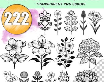 Wildflower Line Art PNG Clipart Bundle: Meadow Floral Designs (Commercial Use)