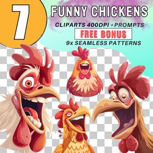 Funny Chickens PNG Clipart Bundle Transparent Chicken PNG Cute Caricature Chicken Graphics Watercolor Chicken Clipart Commercial Use + BONUS