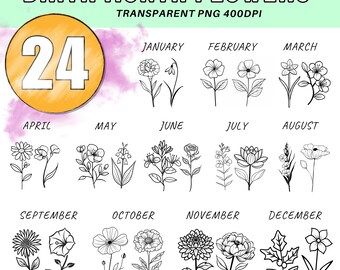 Birth Month Flower SVG Bundle: Botanical PNG Clipart (Commercial Licence)