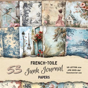 Papeles de diario basura Toile francés Páginas de diario Toile de Jouy vintage Papel Shabby Chic Papeles de álbum de recortes Toile Descarga digital de efímeras