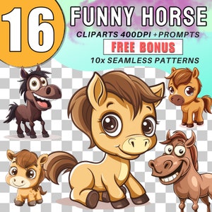 Cute Horse Clipart PNG Horse Clipart Bundle Horse Sublimation Designs Farm Animals PNG Funny Animal Clipart Bundle Commercial Use + BONUS