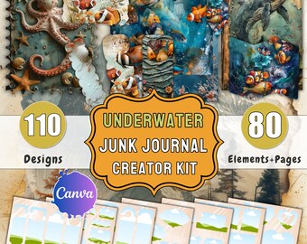 Underwater Junk Journal Kit: Ocean DIY Crafting, 110 Pages (Canva Template)