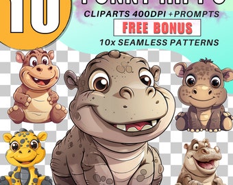 Cute Hippo Clipart Bundle, Funny Nursery PNG (Digital Download)