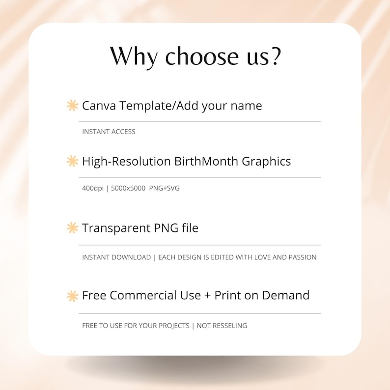 May include: A graphic with the text "Why choose us?" and a list of reasons to choose the seller. The reasons include: Canva Template/Add your name, Instant Access, High-Resolution BirthMonth Graphics, 400dpi | 5000x5000 PNG+SVG, Transparent PNG file, Instant Download | Each design is edited with love and passion, Free Commercial Use + Print on Demand, Free to use for your projects | Not reselling.