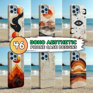 Könnte beinhalten: Ein Set mit 6 Handyhüllen mit verschiedenen Boho-Designs. Die Hüllen zeigen abstrakte Muster, Berge, Sterne und eine meditierende Figur. Der Text "BOHO AESTHETIC PHONE CASE DESIGNS" ist in der Mitte des Bildes zu sehen.