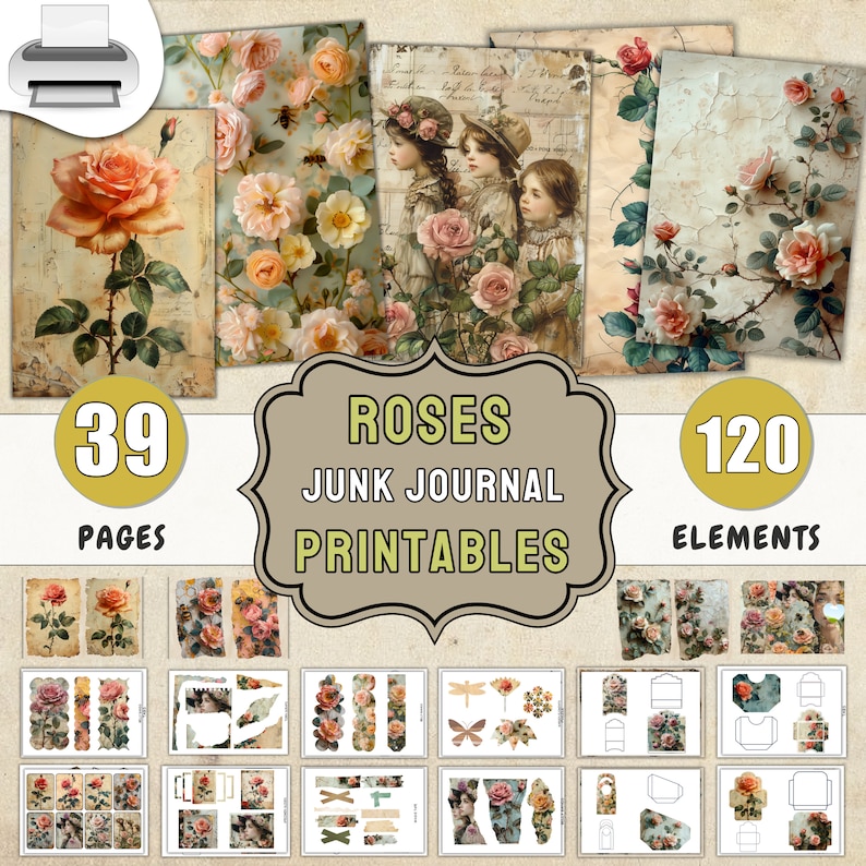 Roses Junk Journal Kit: Printable Pages & Elements (digital Download ...