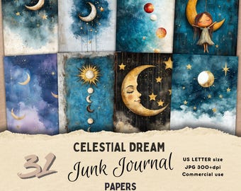 May include: A set of 32 digital papers featuring celestial and moon illustrations in a watercolor style. The papers are perfect for scrapbooking, card making, and other paper crafts.