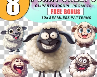 Funny Sheep Clipart PNG: Farm Animal Graphics, Midjourney Prompts (Digital Download)