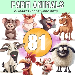 Farm Animal Clipart PNG Farm Animal png Cartoon Animal Graphics Transparent Clipart Bundle  Digital Prints Clipart + Commercial Licence