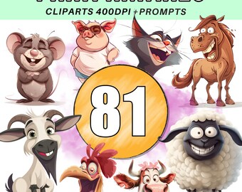 Farm Animal Clipart Bundle: 81 Funny Cartoon Graphics (PNG, Digital Prints)
