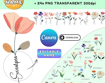 Birth Flower PNG Bundle: Custom Name Canva Template (Digital Download)