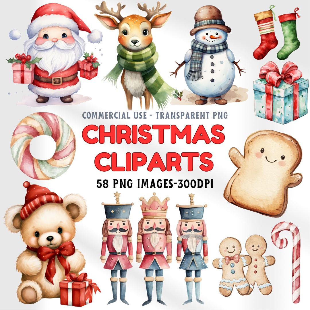Watercolor Cute Christmas Clipart Bundle Cute Santa Watercolor Graphics ...