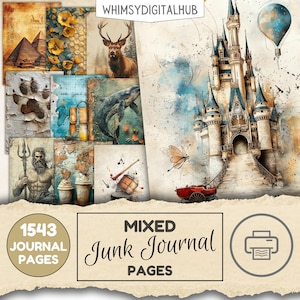 May include: A set of 1,543 digital printable junk journal pages. The pages feature a variety of images, including a castle, a deer, a whale, a map, a musical instrument, and a hot air balloon. The pages are perfect for adding to your junk journal or using for other crafting projects.