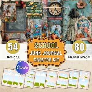 School Junk Journal Kit: 54 Printable Pages, Embellishments (Canva)