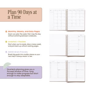 Quarterly Plans 90-Day Planner interior page overview showing monthly, weekly, and daily layouts with notes about flexible undated planning.