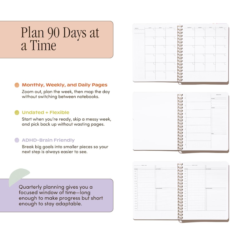 Quarterly Plans 90-Day Planner interior page overview showing monthly, weekly, and daily layouts with notes about flexible undated planning.