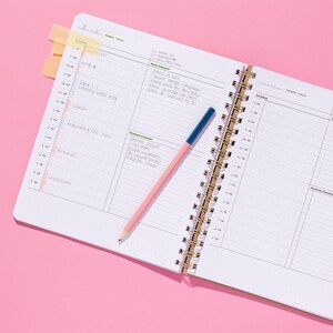 Quarterly Plans daily page spread with hourly schedule, Monday focus, work checklist, personal checklist, and pencil on a pink background.