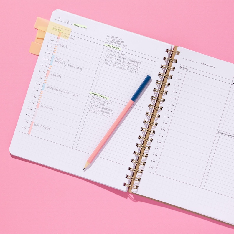 Quarterly Plans daily page spread with hourly schedule, Monday focus, work checklist, personal checklist, and pencil on a pink background.