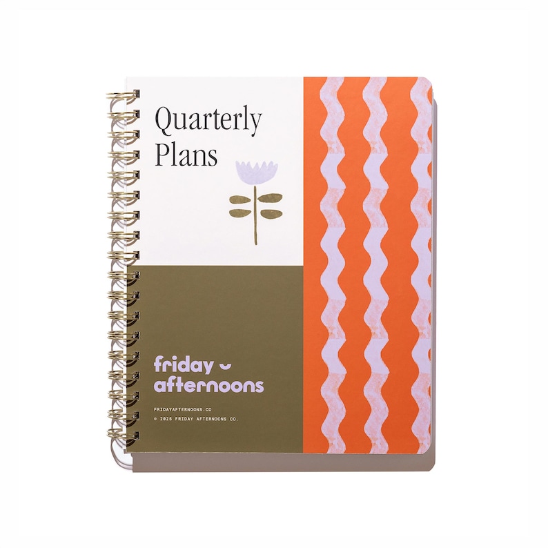 Tulip Wave Quarterly Planner cover with monthly, weekly, and daily planning, orange wave pattern, olive green panel, lavender flower detail, and Friday Afternoons branding.