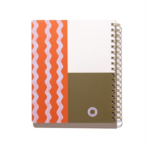 Back cover of the Tulip Wave Quarterly Planner with monthly, weekly, and daily planning, orange wave pattern, olive green panel, and white back cover design.