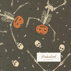 Home Sweet Haunt Dancing Pumpkin Skeleton Stone Gray Black Halloween Fall Cotton Quilting Fabric by Stacy Iest Hsu for Moda