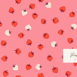 May include: Pink fabric with a repeating pattern of red and white strawberries. The strawberries have green stems and are scattered across the background. The text "Punkinhead Fabric" is in a white rectangle.