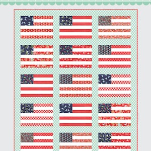 May include: A quilt pattern titled "thimble blossoms" by Camille Roskelley. The quilt design features multiple American flags with red and white stripes and various patterned blue fields. The words "Stars and Stripes" are at the bottom.