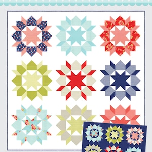 May include: A quilt pattern called "Swoon" by Thimble Blossoms by Camille Roskelley. The pattern is for a 80 inch by 80 inch quilt. The pattern features a variety of colorful star-shaped blocks arranged in a grid pattern. The quilt is made with a variety of fabrics, including floral prints, solids, and geometric patterns.