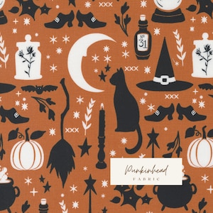 Spellbound Pumpkin Witch Hat Cat Moon Halloween Fall Cotton Quilting Fabric by Sweetfire Road for Moda, Quilting Fabric by the yard