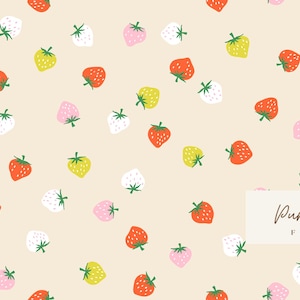 May include: A fabric design featuring scattered strawberries in red, pink, white, and yellow with green stems on a cream background. The text "Punkinhead Fabric" is in a white rectangle.