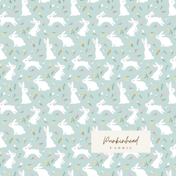 Bunny Trail Bunnies Powder Blue Green Aqua Mint by Riley Blake Easter Spring Floral Bunny Cotton Quilting Fabric by the Yard