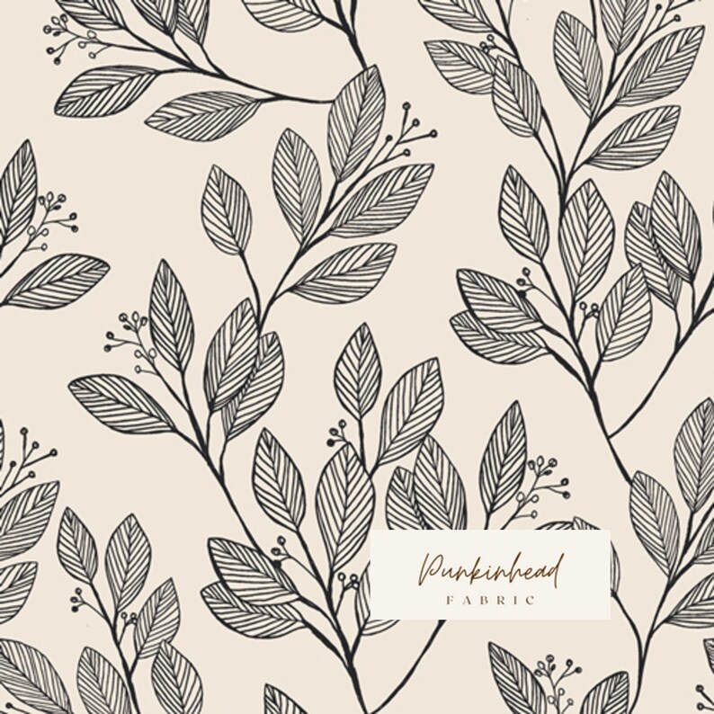May include: A seamless pattern featuring black and white line drawings of leaves and berries on a cream background. The text "Pumpkinhead Fabric" is in the lower right corner of the image.