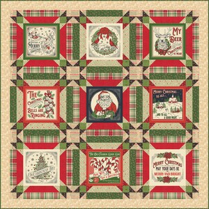May include: A square patchwork quilt featuring nine central panels with Christmas-themed illustrations and text, surrounded by a border of red, green, and cream plaid fabric. The panels depict Santa, candy canes, a deer, and holiday greetings.