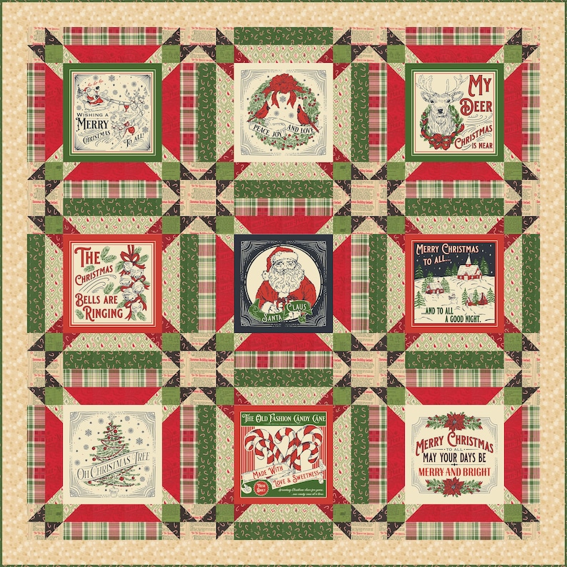 May include: A square patchwork quilt featuring nine central panels with Christmas-themed illustrations and text, surrounded by a border of red, green, and cream plaid fabric. The panels depict Santa, candy canes, a deer, and holiday greetings.