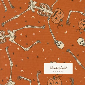 Home Sweet Haunt Dancing Pumpkin Skeleton Rust Orange Brown Halloween Fall Cotton Quilting Fabric by Stacy Iest Hsu for Moda