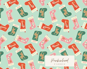Holiday Cheer Christmas Stockings in Mint by Riley Blake Cotton Quilting Fabric by the Yard, Vintage Christmas Fabric