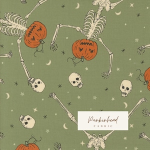 Home Sweet Haunt Dancing Pumpkin Skeleton Moss Green Halloween Fall Cotton Quilting Fabric by Stacy Iest Hsu for Moda