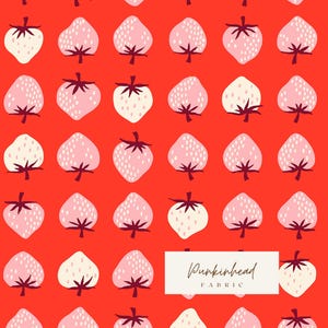 May include: A fabric design featuring a repeating pattern of strawberries in pink and cream against a red backdrop. The strawberries have dark green stems. The text "Punkinhead Fabric" is displayed in a white rectangle.