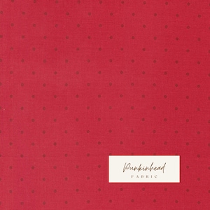 May include: Close-up of red fabric with a repeating pattern of small, dark brown dots. The fabric has a textured appearance. A white rectangular label with the text "Punkinhead FABRIC" is in the lower right corner.