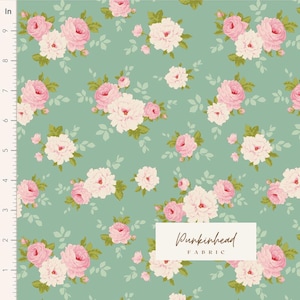 Tilda Sunday Brunch Pernille Teal Blue Green Pink White Flower Spring Summer Floral Cotton Quilting Fabric by the Yard